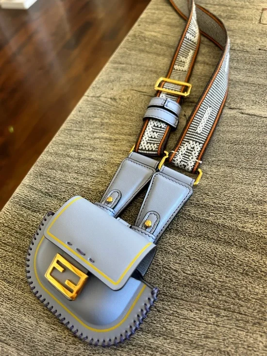 Fendi Pico Baguette Airpods Case Blue Leather Necklace Bag Charm 100% auth - Picture 3 of 7